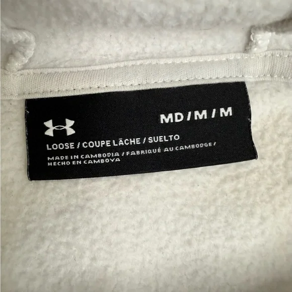 Under Armour White Logo Tape Hoodie Loose Fit Women’s Medium Athleisure Fleece - Picture 7 of 12